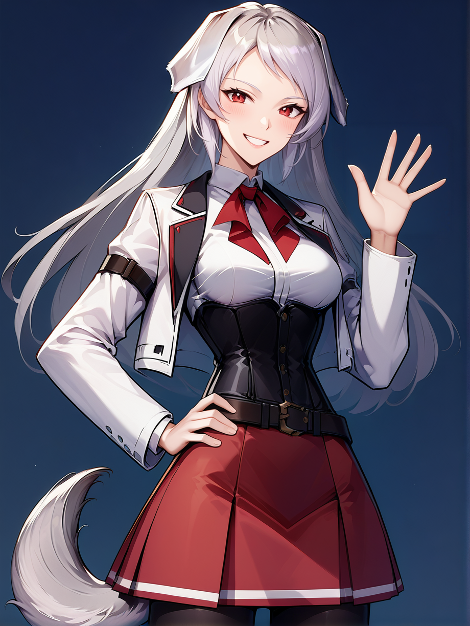 score_9, score_8_up, score_7_up, source_anime
1girl, solo,
pursena adoldia, red eyes, long hair, (grey hai, dog ears, grey dog ears,,dog tail, short tail
red skirt, black corset, (white shirt), white jacket, red ribbon, bow, black pantyhose, belt, knees, smile, happy
medium breasts,
simple background, night, waving
fingernails, hand on hip
<lora:Expressive_H:0.2> <lora:housechores-guy-PONYv1:0.4>  <lora:pursena 0.1:1>