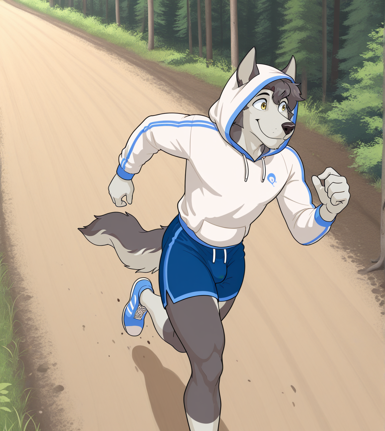 (solo), anthro, male, yellow eyes, blue shorts, white hood, bulge, jogging,  dynamic pose, forest, three quarter view, from above, smile, dirt road, 
BREAK masterpiece, best quality, amazing quality, very aesthetic, high resolution, ultra-detailed, absurd res, newest,  <lora:Rask:1> rask