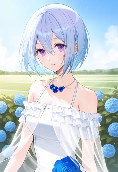 artist:gomzi,artist:wanke,artist:diyokama, rei_(sanbonzakura),[[artist:fuzichoco]],year 2024, park, 1girl, solo,
jillian littner, blue hair, purple eyes, short hair, jewelry, necklace, white dress, off-shoulder dress, blue flower, frilled dress,
upper body,
<lora:ntmf_majorcharacters.ilxl.v02:0.8>