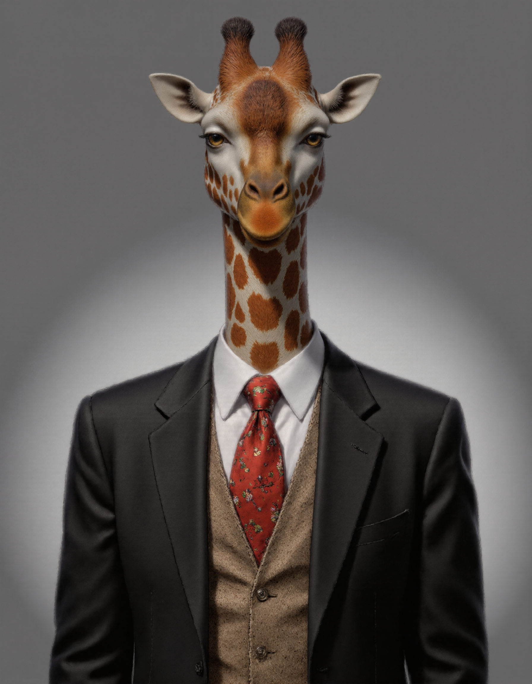 <lora:humANIMALity:1>, This is a highly realistic digital illustration of a giraffe head superimposed onto the body of a man wearing a formal suit. The giraffe head, with its characteristic long neck, large eyes, and distinctive coat pattern of brown and white patches, is placed at the top of the image. The man's head is not visible, but his body is dressed in a dark gray suit with a white dress shirt underneath. The suit jacket is fitted, and the shirt has a classic collar. Over the shirt, the man wears a textured, light brown vest with a subtle pattern. Completing the outfit is a vibrant red tie adorned with small, colorful floral patterns, adding a pop of color to the otherwise formal attire. The background is a smooth, gradient gray, with a subtle texture that contrasts with the smoothness of the giraffe's coat. The lighting is soft and even, casting a gentle glow on the man's suit and highlighting the texture of the giraffe's fur. The overall style of the illustration is photorealistic, with meticulous attention to detail in both the human and animal elements.