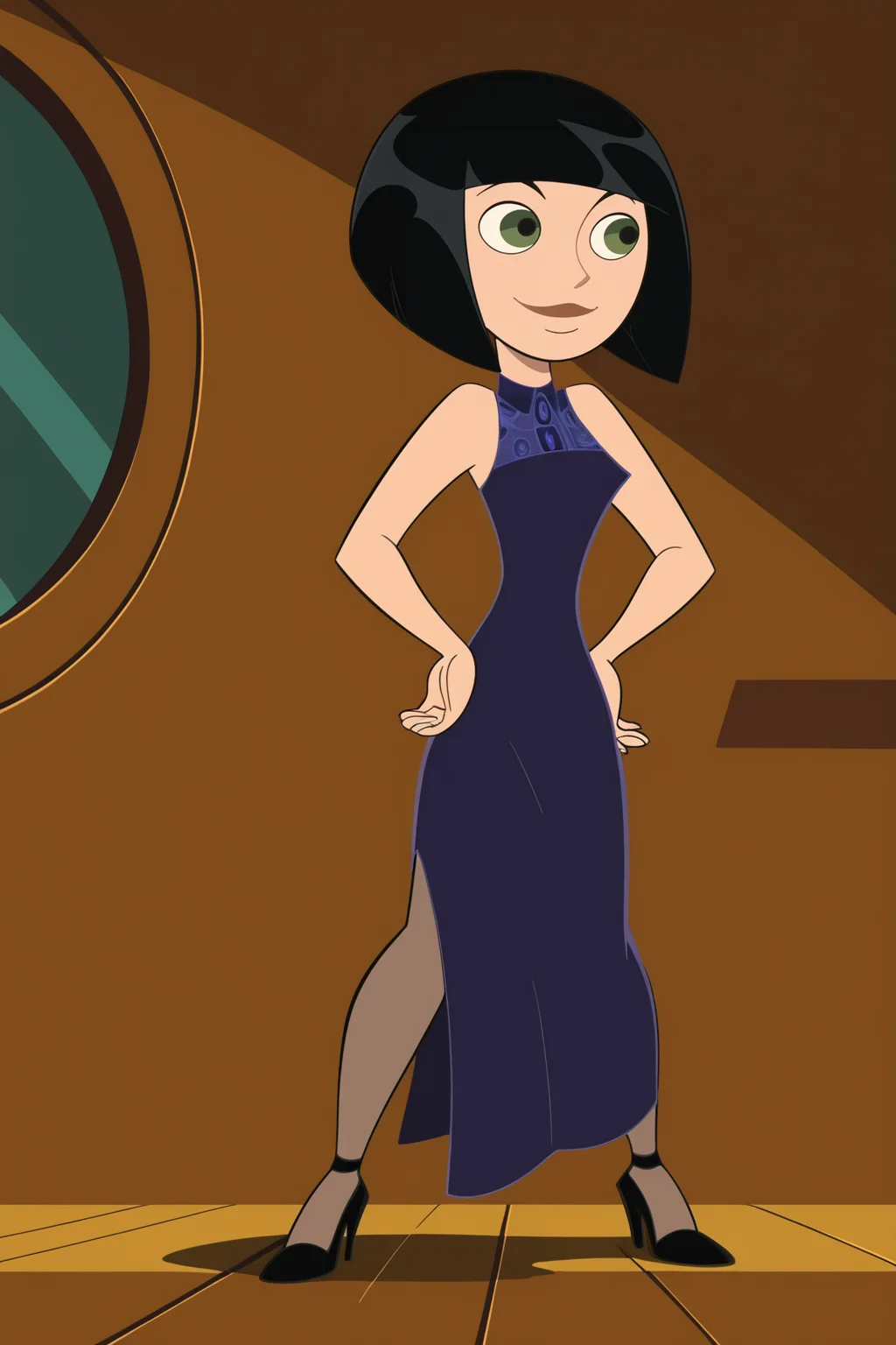 score_9, score_8_up, score_7_up, score_6_up, score_5_up, score_4_up, BREAK, <lora:Kim_Possible:1>, 1girl, Kim, black hair, bob cut, green eyes, purple dress, black high heels, short hair, standing, hands on hips, smiling, closed mouth