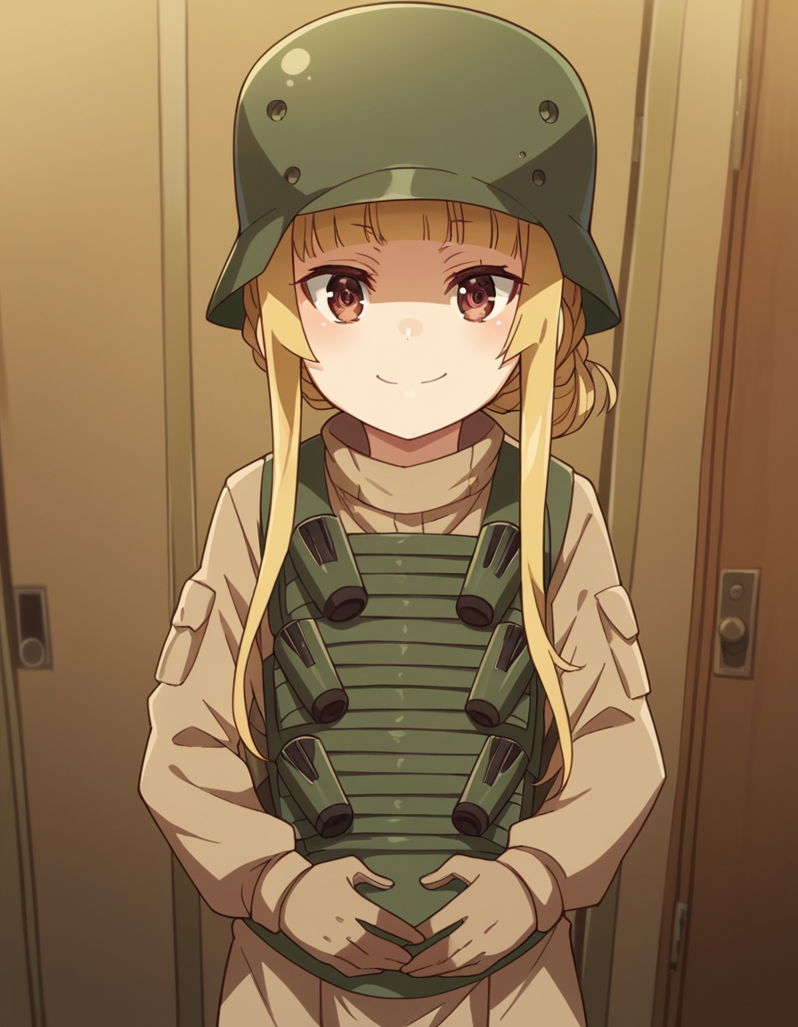 score_9, score_8_up, score_7_up, source_anime, <lora:fukaziroh-s1-ponyxl-lora-nochekaiser:1>, fukaziroh, blonde hair, brown eyes, braid, hair bun, single hair bun,, uniform, military, military uniform, helmet, load bearing vest, school hallway, lockers, between classes, everyday life, smile, looking at viewer, hands on stomach, blush,, solo,, cowboy shot, dutch angle,