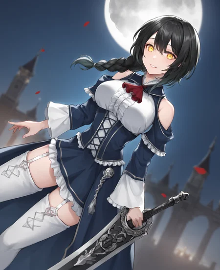 score_9,score_8_up,score_7_up,source_anime,rating_safe BREAK masterpiece,highres,best quality,high quality,dramatic angle,cinematic lighting,1girl,<lora:NightOfRevenge_pony_V1-000020:0.86>,black hair,gradient hair,gradient hair,yellow eyes,two-tone hair,braids,white shirt,underbust,blue dress,clothing cutout,bare shoulders,detached sleeves,frills,garter strap,white thighhighs,thigh boots,holding sword,looking at viewer,dynamic pose,blood moon,depth of field,gothic architecture,cityscape,dark clouds,extremely detailed bckground,greatsword,blood,dead bodies,yandere,glowing eyes,shaded face,blood on face,blood on everywhere,corpses,pile of corpses,evil smile,happy,portrait,close-up,dutch angle,fluiding blood,streaming blood,<lora:add-detail-xl:0.43>,<lora:flat_sdxl:-0.68>,(blood:1.2),