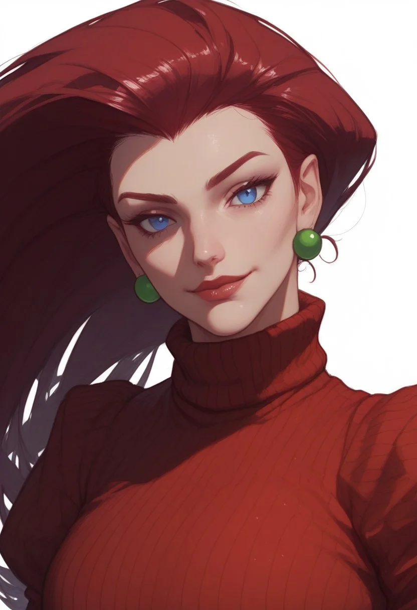 score_9, score_8_up, score_8, score_7_up, score_7, ((close up)), face focus, Expressiveh
BREAK
1girl, solo, EPpkJessie, long hair, blue eyes, red hair, hair slicked back, large breasts, looking at viewer, head tilt, seductive look, aroused, horny, standing, red turtleneck sweater, light smile
BREAK
white background