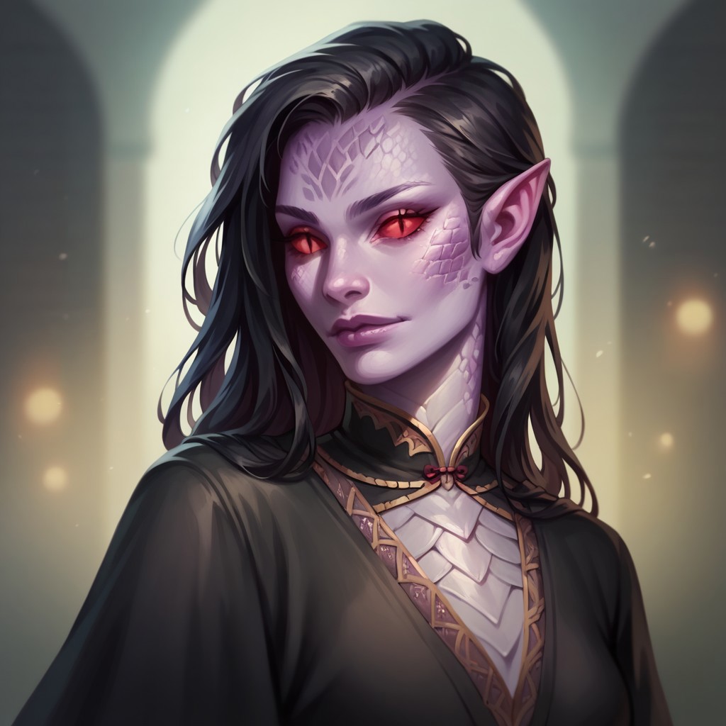 (((detailed, beautiful, high quality))), score_9, score_8_up, score_7_up, solo, upper body,
yuanti, slit pupils, pointed ears,
1girl, female focus, red eyes, purple skin, scales, long black hair, black dress, 
looking at viewer, posing,
fantasy background, blurred background,