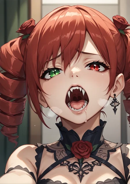 1girl, solo, red hair, twin tails, drill hair, rose hair ornament, chocker, red eyes, green eyes, heterochromia, open mouth, heavy breathing, fangs, vampire, glowing red eyes, saliva, tonge out, reaching towards viewer, close up, indoors, gothic, sad, full body, <lora:Amy_Sorel:0.9>, score_9, score_8_up, score_7_up, score_6_up, score_5_up, score_4_up, BREAK source_anime, masterpiece