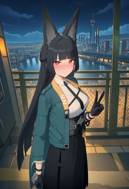 masterpiece, best quality, amazing quality, very aesthetic, absurdres, newest, scenery, volumetric lighting, perfect eyes, ultra detailed,
1girl, Hoshimi Miyabi, solo, black fox ears, black hair, bangs, long hair, red eyes, white pupils, 
green cape jacket, white shirt, black tie, belt, clasp, black gloves, long skirt, black skirt, open side skirt, pantyhose, black boots,
standing, looking at viewer, gentle smile, blushing, nervous smile, peace sign,
city, night sky, beautiful frame, backlighting,
<lora:Hoshimi_Miyabi_-_Zenless_Zone_Zero_ZZZ__Illustrious:1>
masterpiece, best quality, amazing quality, very aesthetic, absurdres, newest, scenery, volumetric lighting, perfect eyes, ultra detailed,