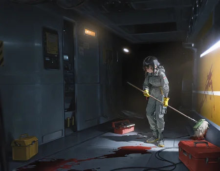 1girl, space station, grey jumpsuit, dim lighting, toolbox, yellow gloves, cable, tired, bags under eyes, janitor, holding mop, blood, blood on ground, blood on wall, space, science fiction, dark, masterpiece, best quality, very aesthetic, absurdres