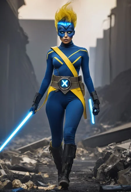 1girl, fashion, high quality photo, Runway fashion, beautiful model, striking features, strange outfit colored blue yellow and black, X-Men logo belt,sfw, battle stance, glowing eyes, battlefield, burning rubble