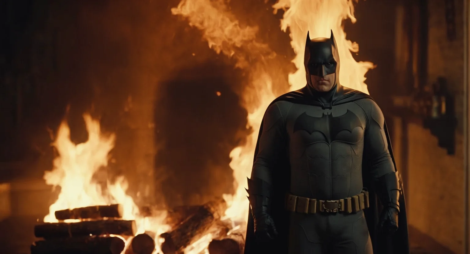 cinematic film still of  Cinematic Film stock footage in (arri alexa style) Kodak film print,   <lora:batman:1> batman a man in a batman costume standing in front of a fire, shallow depth of field, vignette, highly detailed, high budget, bokeh, cinemascope, moody, epic, gorgeous, film grain, grainy
