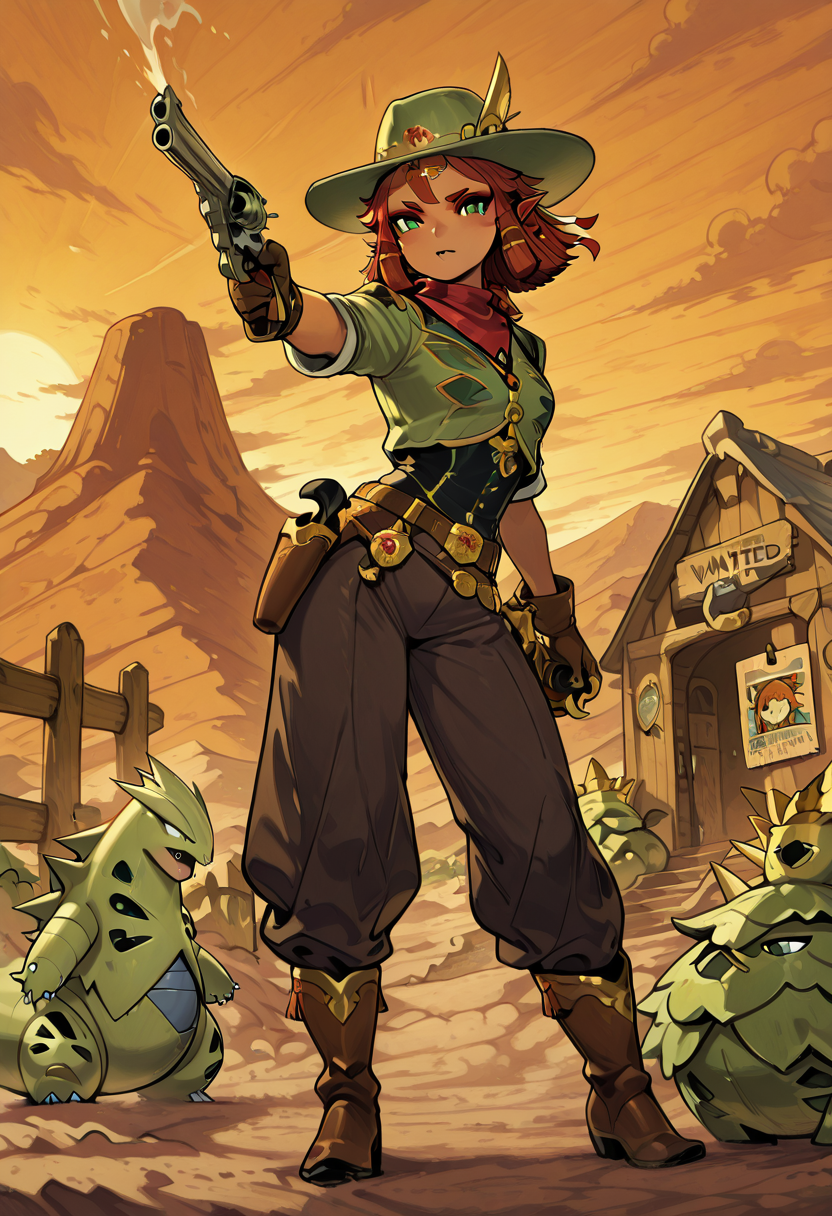 masterpiece, best quality, 1girl, eyelashes, (beautiful eyes), looking at viewer,    zzRijuT, tyranitar, headscarf, cowboy outfit, brown leather vest, fringe jacket, cowboy boots, wide-brimmed hat, bandana, belt holster, revolvers, leather gloves, high-waisted trousers, spurs, intricate belt buckle, dust swirling, wooden saloon doors, desert sun, tumbleweed, saloon piano, dusty road, wooden barrels, wanted poster, rustic wooden fence, cowboy campfire, cacti, sunburned horizon, (dynamic pose:1.2), (drawing revolver:1.3), (steely gaze:1.2), wind tousling hair, sweat on brow, intense expression, dry earth, rocky terrain, old western town, rustic town square, open range, rugged atmosphere, golden sunset  ,<lora:RijuTyrannitarCitron_IXL:1.0>,