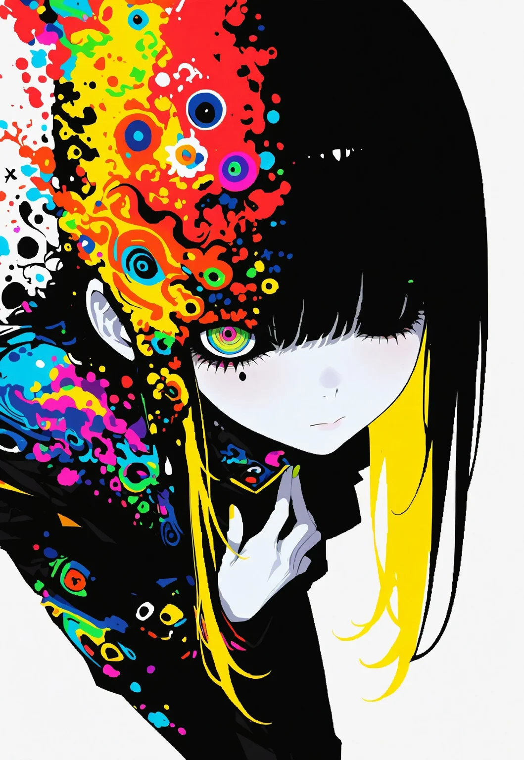 xxx667_illu, sometyome_illu, abstract, score_9, score_8_up, score_7_up, concept art, source_anime, extremely detailed, masterpiece ,amazing quality, intricate details , sometyome_illu ,xxx667_illu , white background, flat colors, flat style, beautiful girl, yellow highlights, hand to chest, leaning forward, abysaal ink flowing from above, fading, long hair, hair obscuring eyes, dynamic pose, close up, white skin, solemn gaze, looking at viewer,