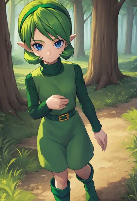 score 9, score 8 up, score 7 up, score 6 up, score 5 up, saria, solo, long sleeves, belt, sweater, turtleneck, tunic, green belt, green boots, source anime, forest, looking at viewer,