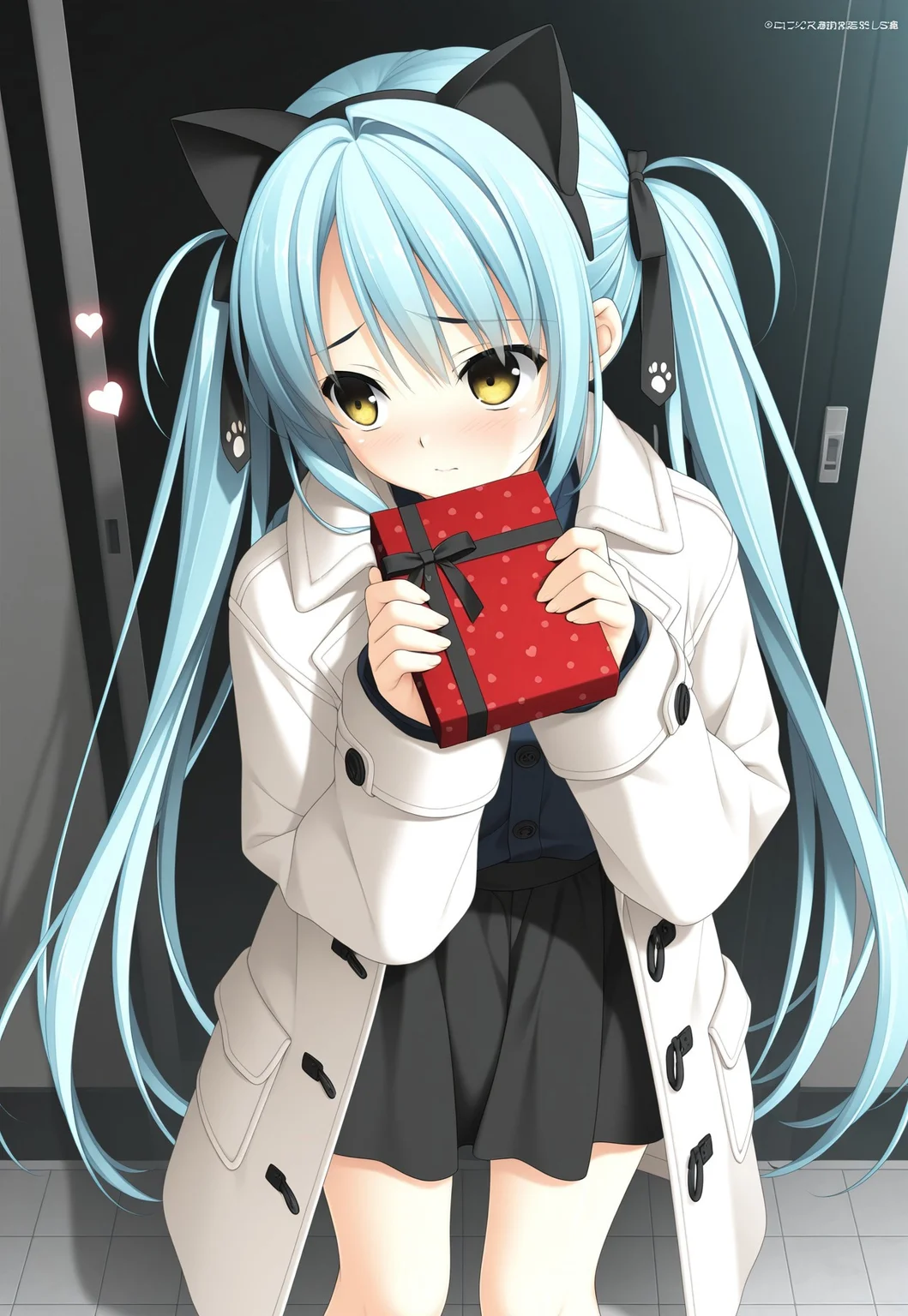 (hashimoto takashi:1.1),(loading \(verjuice\):1.0),(kakesu:0.7),
1girl, black skirt, blue hair, blush, cat ears, fake animal ears, furrowed brow, heart, holding gift, long hair, looking to the side, open clothes, open coat, solo, standing, twintails, white coat, yellow eyes,
,masterpiece,best quality,amazing quality,