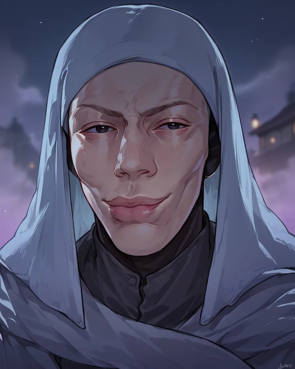 score_9, score_8_up, score_7_up, source_anime, 1boy, night, upper body,blurred background, (fog:1.2), solo, white-faced_varre, mask, hood, black eyes, <lora:white-faced_varre:0.9>, lips, SkylerWhiteYo, closed mouth, smile, <lora:KzyGuyMeme:1>,