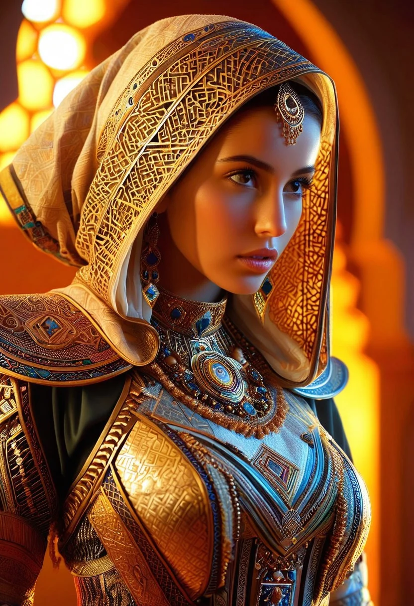 A hyper-realistic depiction of a single woman, focusing on her upper body, adorned in intricate, futuristic fantasy clothing that amalgamates the rich cultural heritage of Morocco and Tunisia, set against a backdrop that blends modern architectural elements with hints of ancient traditions, softly lit with a warm, golden light that accentuates the textures and patterns of her attire, in the style of a detailed digital painting, with a shallow depth of field that emphasizes her facial expression and the elaborate details of her garments.