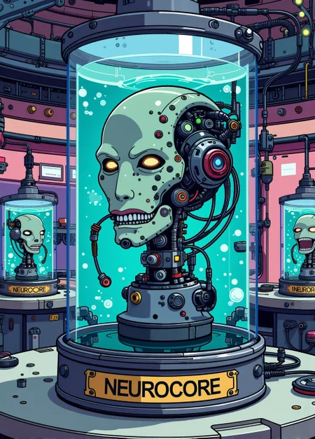 <lora:ck-nc-pastel-cyberpunk:1.1>, A digital artwork in the style of cknc, image of Cyborg as a 'living head in a jar,' inspired by the Futurama series. The head should be in a clear jar filled with a bright blue liquid, with exaggerated tubes and wires connected to it, adding a humorous and whimsical touch. The jar should sit on a metallic stand with a bold, simple nameplate on the front that reads 'NEUROCORE.' The background should be a colorful, futuristic lab with other similar cartoon jars, maintaining a playful and light-hearted tone.
anime style, key visual, vibrant, studio anime, highly detailed
<lora:Living_Head_In_A_Jar_Flux:0.8>