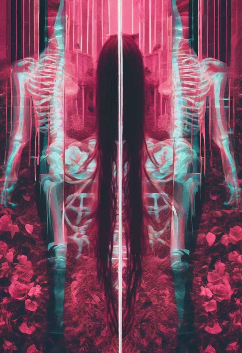 hyper realism, IR photo, light leaks, (split screen overlay , x-ray view:1.3), , , double exposure , , (glitched image:1.2), , , a glitched out portrait of a red skin demon girl walking through a graveyard  ,   pixelation , sinusoidal distortions, screen tear,  , post modern deconstruction , molecular view , vibrational spiral signals,  (rose garden overlay, split screen image:1.1), abstractions, experimental ,<lora:xray:1> <lora:rg3.0:.8>