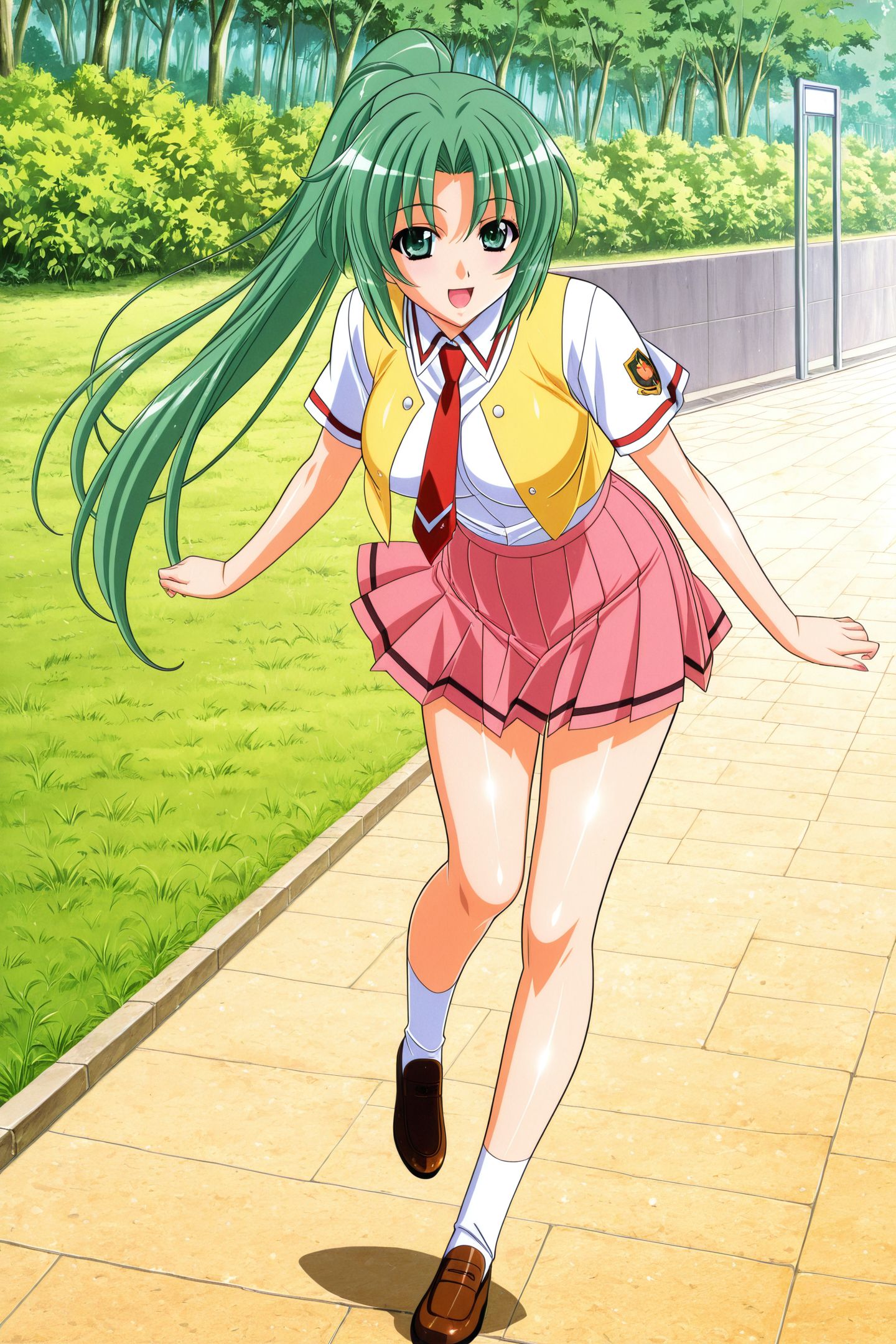 Kuroda Kazuya Style,1girl,skirt,solo,sonozaki mion,green hair,long hair,green eyes,necktie,red necktie,open mouth,shirt,vest,white shirt,school uniform,pleated skirt,socks,full body,smile,short sleeves,looking at viewer,yellow vest,shoes,pink skirt,brown footwear,outdoors,
<lora:Kuroda Kazuya_illustriousXL:0.8>,