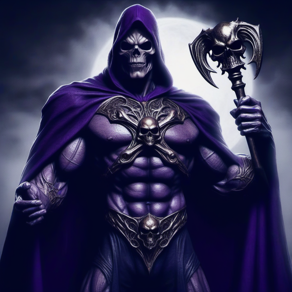 Horror-themed a muscular man, purple cape, cloak, holds a club <lora:Skeletor1024-000190:0.8> . Eerie, unsettling, dark, spooky, suspenseful, grim, highly detailed