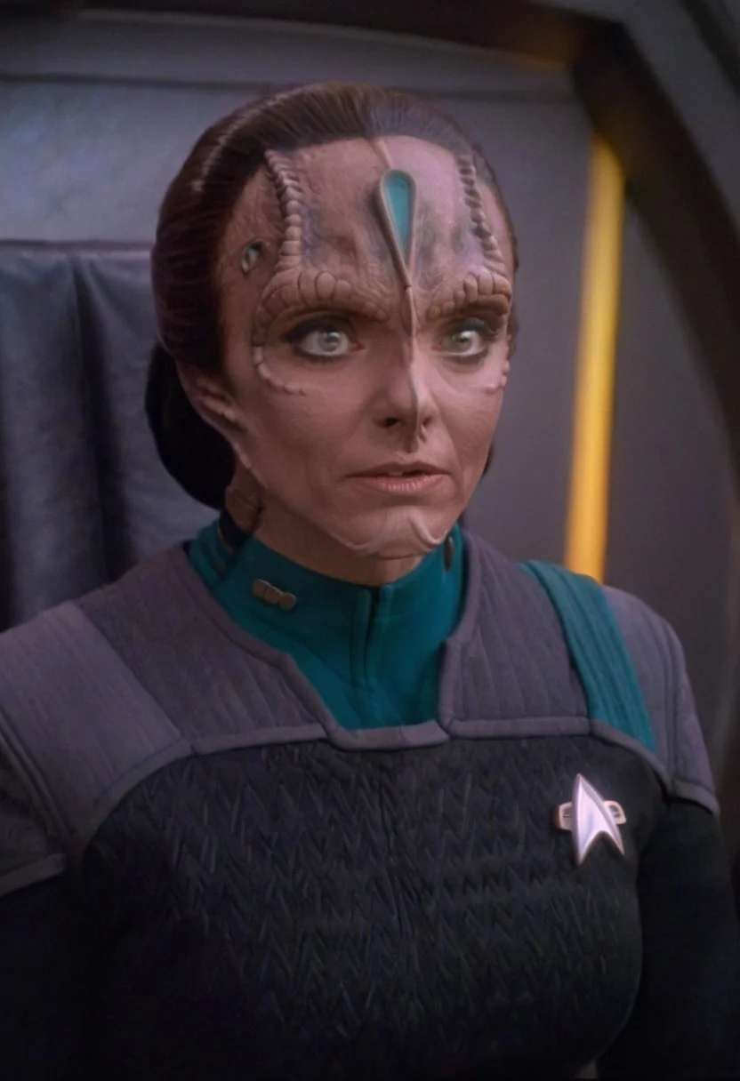 8k HDR, Cinematic film still portrait from blockbuster sci-fi science fiction movie, 35mm Fujifilm, IMAX, extremely detailed, female c4rd45514n alien, forehead crest, grey skin, ridges, scales, wearing (black and grey ds9st uniform, teal collar)