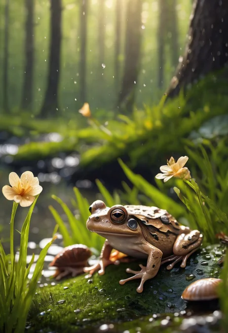 bokeh, close up, epiCPhoto, 8k, breathtaking, extremely detailed, realistic, treebark background, realistic frog, on, many snail shells around, intricate forest scape. detailed tree bark, detailed mud, cloudy weather, morning lake mist, wet grass, sun rays, masterpiece, award-winning, professional, highly detailed, mist,