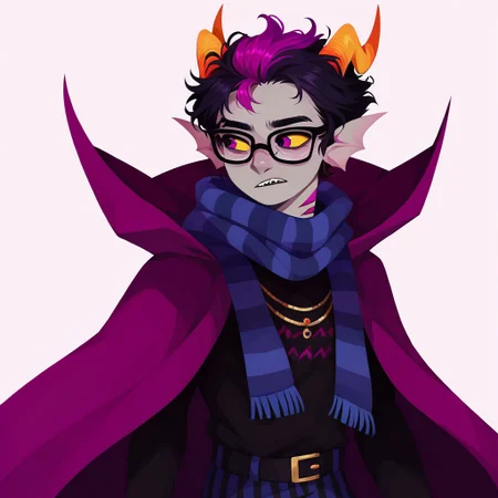 ((score_9, score_8_up, score_7_up)), masterpiece, jewelry, gold rings, violet cape, high collar, striped blue scarf, hipster glasses, black turtleneck, aquarius \(symbol\), striped blue pants, looking away, solo, solo focus, colored skin, gray skin, violet eyes, yellow sclera, violet stripe in hair, short hair, black hair, horns, wavy horns, sharp teeth, gills, head fins, 1boy, Eridan Ampora, , <lora:cef6c9c2-d4b5-4cf4-8bfb-1813edb106df:0.8>, <lora:cefaa866-a58e-40ba-a219-79ab392f7d60:0.2>