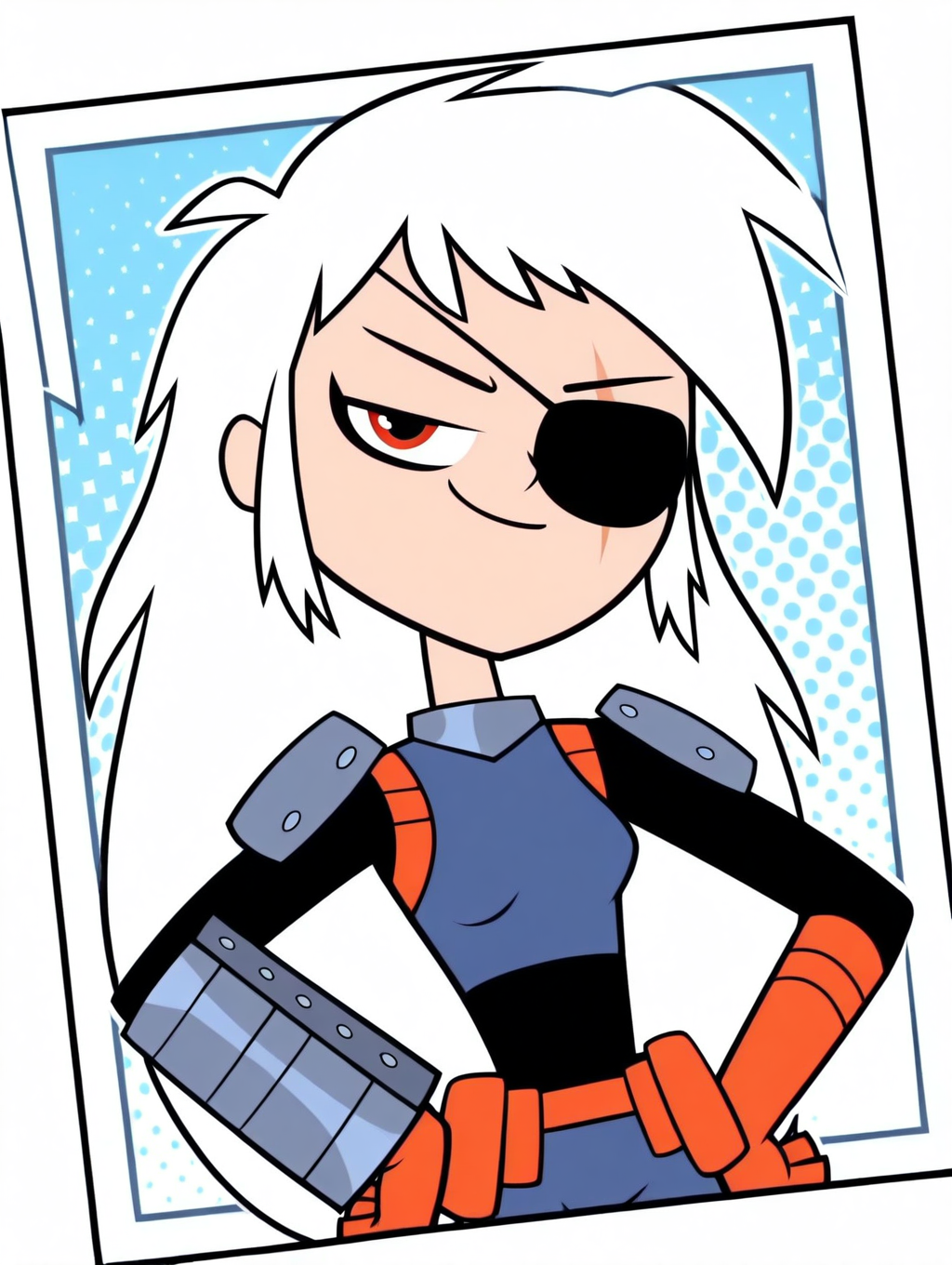 Rose_Wilson, 1girl, solo, orange eye, long hair, white hair, spiky hair, scruffy, messy, bangs, black eye-patch, scar eye, bodysuit, blue armor, metallic knee pads, orange gloves, orange utility belt, metal wrist cuffs,  (smile, dutch angle, Hands on hips,naughty pose, looking at viewer, solo, dynamic pose, upper body, head tilt,),(( dynamic halftone dot background, stylized background, White frame, Square frame, white outline))