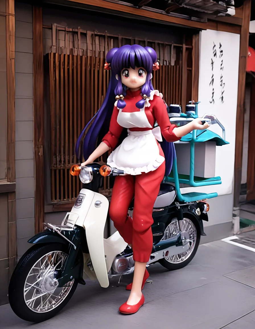 score_9, score_8_up, score_7_up, source_real, realistic, photorealistic, BREAK
<lora:BDpony_HondaSuperCub_delivery_V1-5040:1>, <lora:detailed_notrigger:1>,
HondaSuperCub_delivery, 1girl, shampoo (ranma 1/2), motor vehicle, scooter, purple hair, solo, long hair, apron, red footwear, red eyes, hair bun, hair bell, hair ornament, motorcycle, double bun, bell, capri pants, red pants, smile, looking at viewer, standing, full body, on scooter, Alley