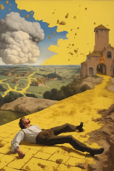 <lora:Nicolas Poussin Style:1>Nicolas Poussin Style - Renaissance painting of a man laying down pointing to the sky with 3 variations of landscapes behind him. Destruction and explosions. yellow brick road color scheme.
