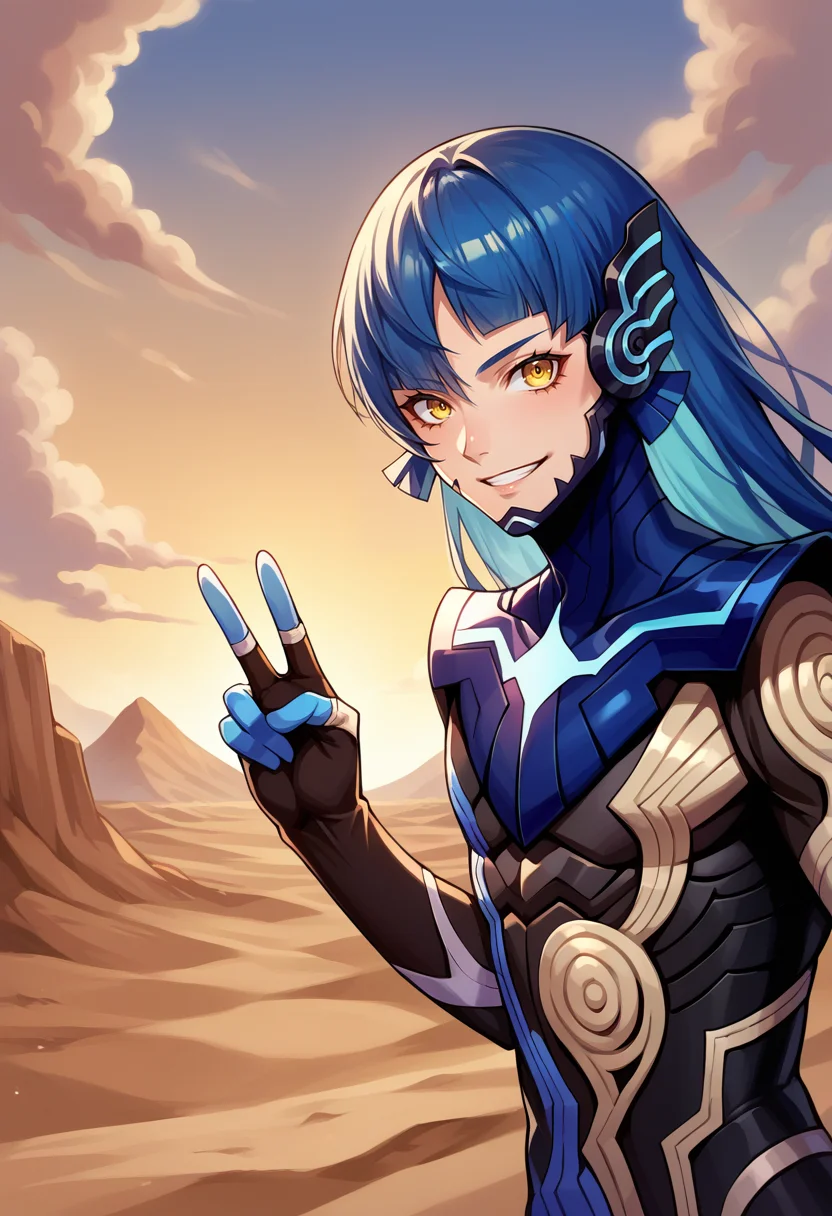 score_9, score_8_up, score_7_up, source_anime BREAK solo, 1boy, smile, <lora:SmtV-Protag-pdxl_Fp-000008:1>, nahobino, long hair, blue hair, yellow eyes, bodysuit, armor, looking at viewer, desert, v
