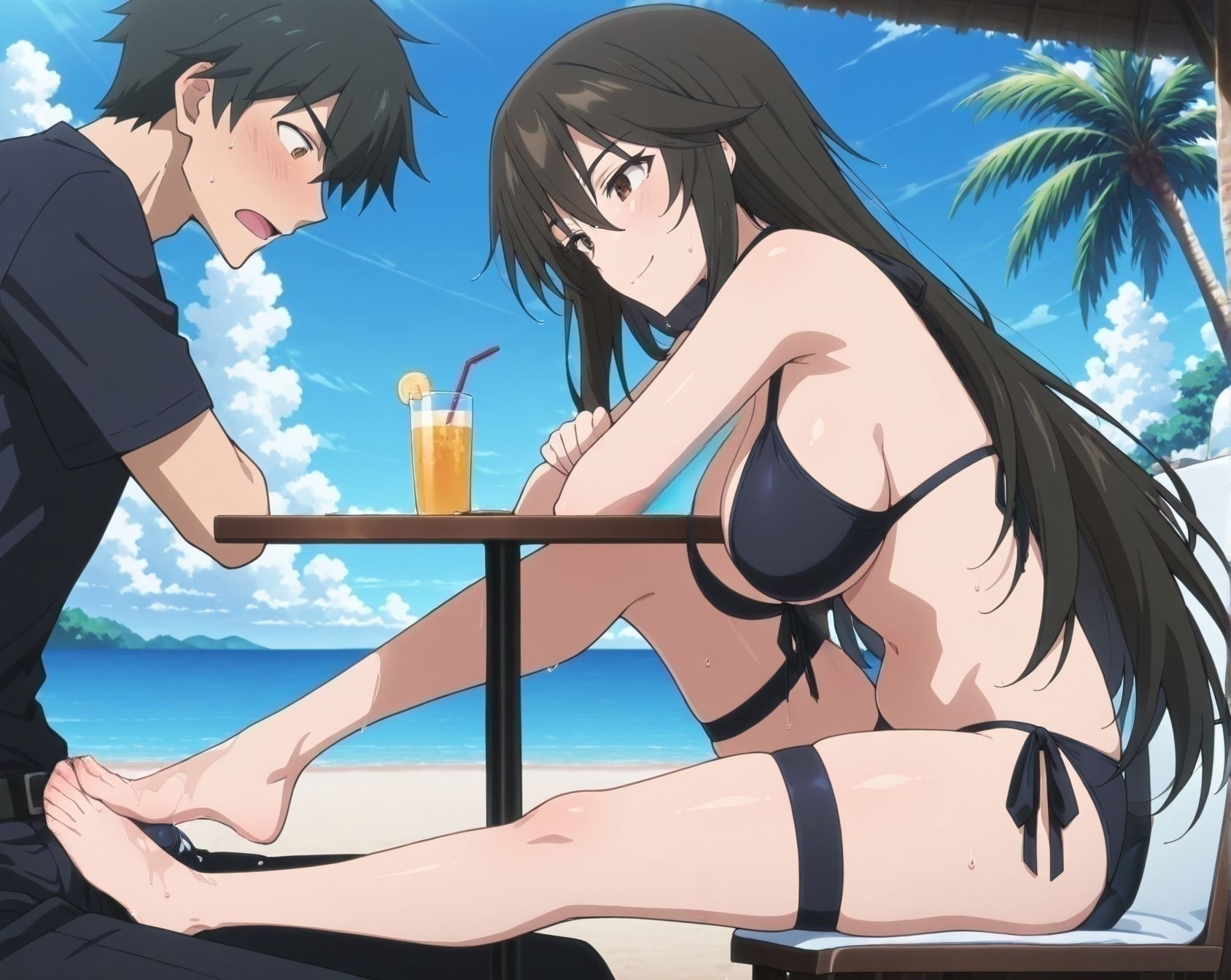 masterpiece, best quality, newest, absurdres, highres, detailed eyes, beautiful, detailed background, perfect eyes, anime coloring, anime screencap,
<lora:Thigh_Sex:1>Thigh_SexV1,
 1girl, 1boy, hetero, 
undertable, footjob, from side,
BREAK
ocean, tree, blue sky, 
black hair,brown eyes,long hair,,large breasts, black bikini,wet,thigh strap, 
<lora:Chifuyu_Orimura-Infinite_Stratos:0.8>
BREAK