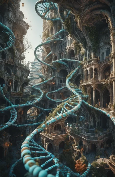 Macro photography of a (fantasy city:1.5) in the form of DNA, High detail RAW color Photo, 8k, natural light  <lora:SDXL_macro_Sa_May:0.7>