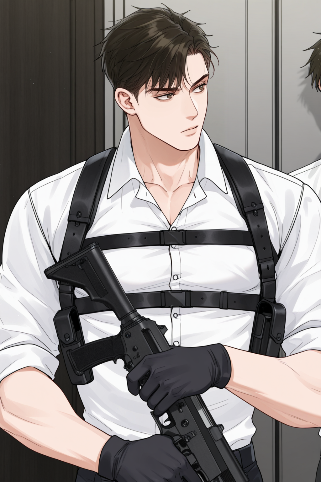 <lora:STS-IL:0.9>,buchonghua,brown hair,brown eyes,short hair,white shirt,chest harness,looking to the side,holding gun,black gloves,1boy,solo, yaoi,bara,male focus,very awa,masterpiece,best quality,amazing quality,nsfw,uncersored,highres,best quality,amazing quality,best aesthetic,absurdres,