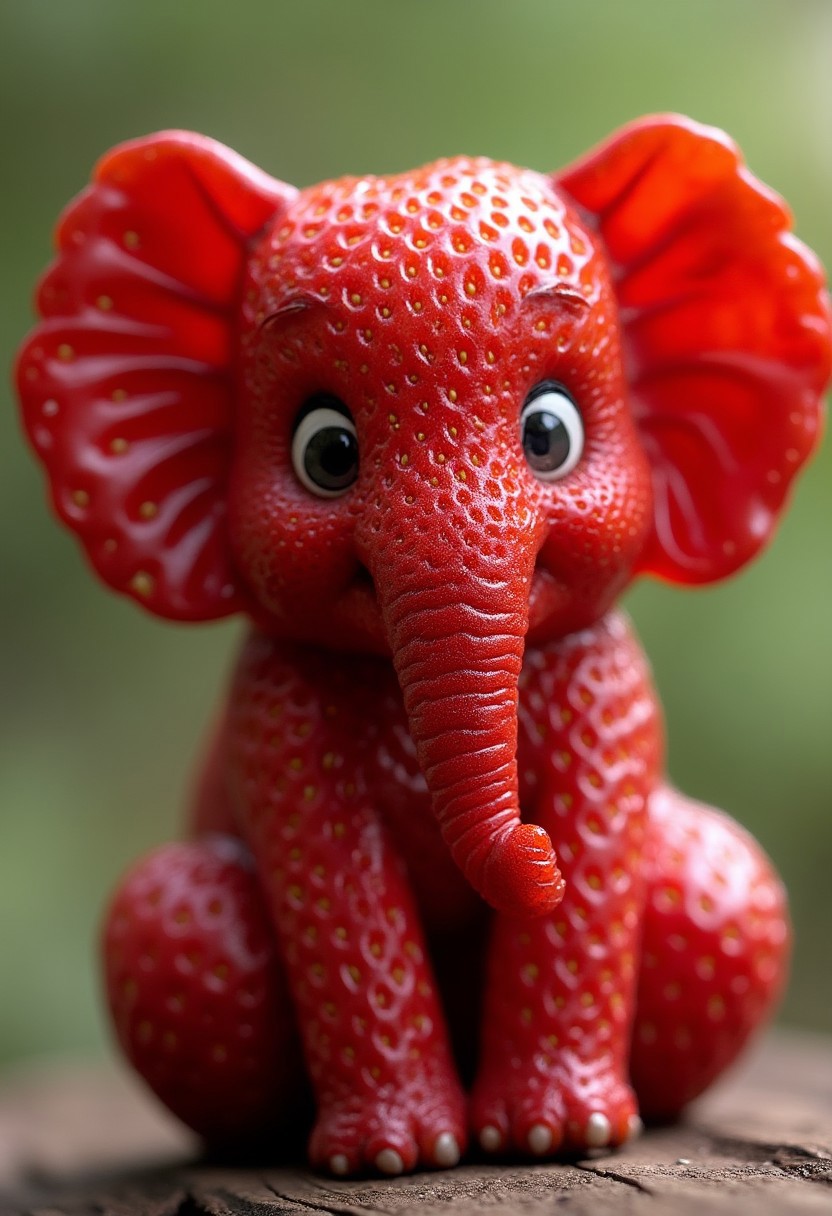 detailed realistic close up of a strawberry shaped like a Elephant, sitting, natural light detailmaximizer