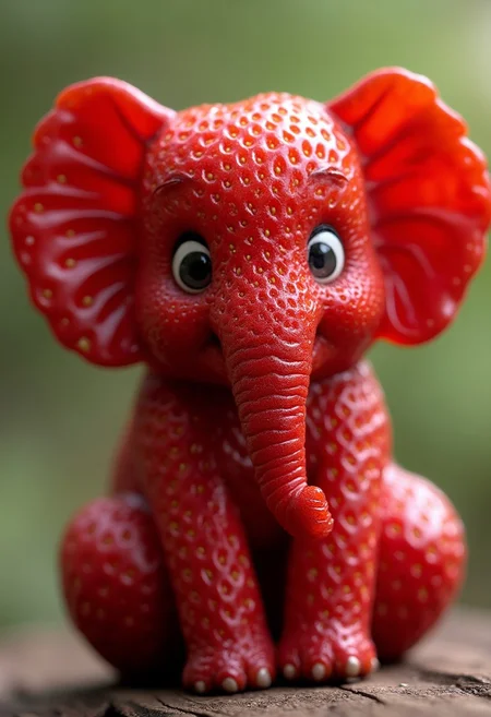 detailed realistic close up of a strawberry shaped like a Elephant, sitting, natural light detailmaximizer