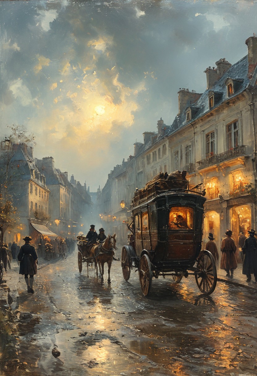 cinematic 1770, 18th century, Paris streets, crowd of people, carriage with horses, fragonard period, late evening, circa 1770, vibring color, style of Andreas Achenbach, monet,  oil painting, style of Andreas Achenbach