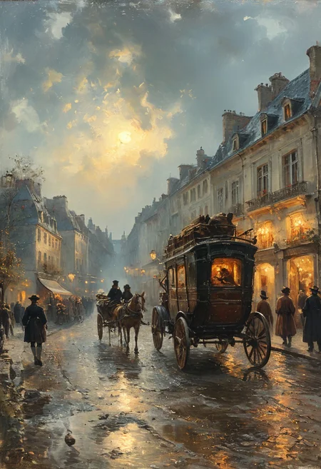 cinematic 1770, 18th century, Paris streets, crowd of people, carriage with horses, fragonard period, late evening, circa 1770, vibring color, style of Andreas Achenbach, monet,  oil painting, style of Andreas Achenbach