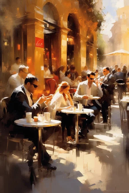 <lora:Willem Haenraets Style:1>Willem Haenraets Style - a cozy cafe in Rome, sunny afternoon, jazz band is playing in front, painted in the style of Jeremy Mann