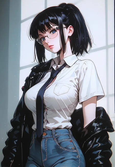 (score_9, score_8_up, score_7_up), melkor_style,
score_9, score_8_up, score_7_up, score_6_up, score_5_up, score_4_up, source_anime, high detailed, high quality, masterpiece, source_anime, high detailed, high quality, masterpiece, 1 girl, 1 boy, couple, romantic couple, straight, heterosexual, (1 boy, short hair, brown hair, frame glasses, button down shirt, tie, jacket, houdie, open jacket, blue eyes, jeans,) (1 girl, momo yaoyoruzu, long hair, bob, ponytail, grey eyes pink lips, big breasts, school uniform, button down shirt, cleavage, pleated skirt, pantyhose), looking at viewer, low angle, background room, cowboy shot, anime screencap, watercolor \(medium\), traditional media, neon.