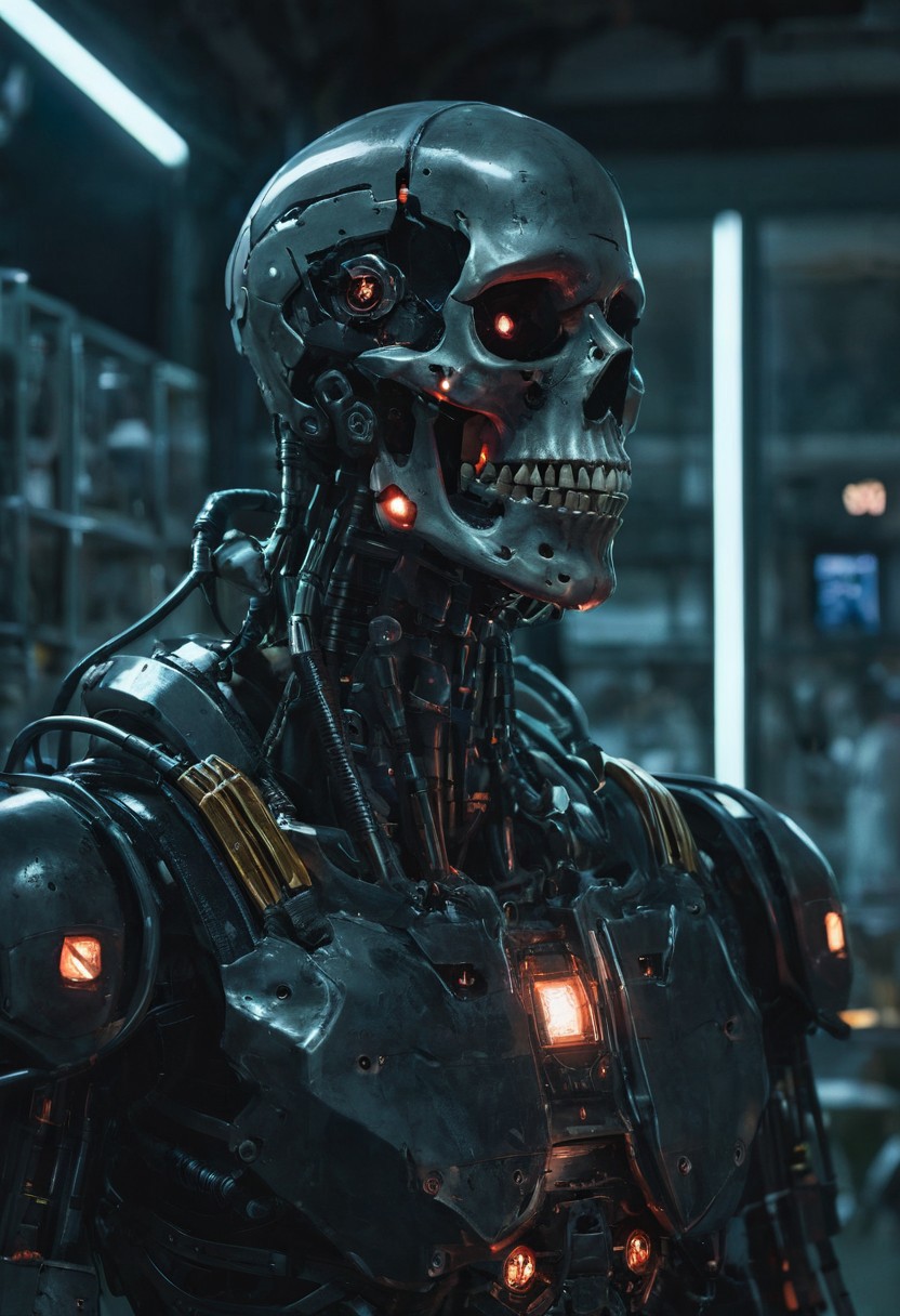 Cyberpunk, sci-fi, dark-fantasy, kodak portrait 400, 8k, soft light, volumetric lighting, highly detailed, britt marling style 3/4, portrait photo of a war man cyborg robot in a chemical laboratory + face, face is skullbone with scares, intricate, elegant, highly detailed, devil-armor, 2D motifs detailed dark fantasy digital painting, artstation, concept art, smooth, sharp focus, illustration, art by Otomo Katsuhiro and ShirA Masamune and Oshii Mamoru. Cosmic light in backfront