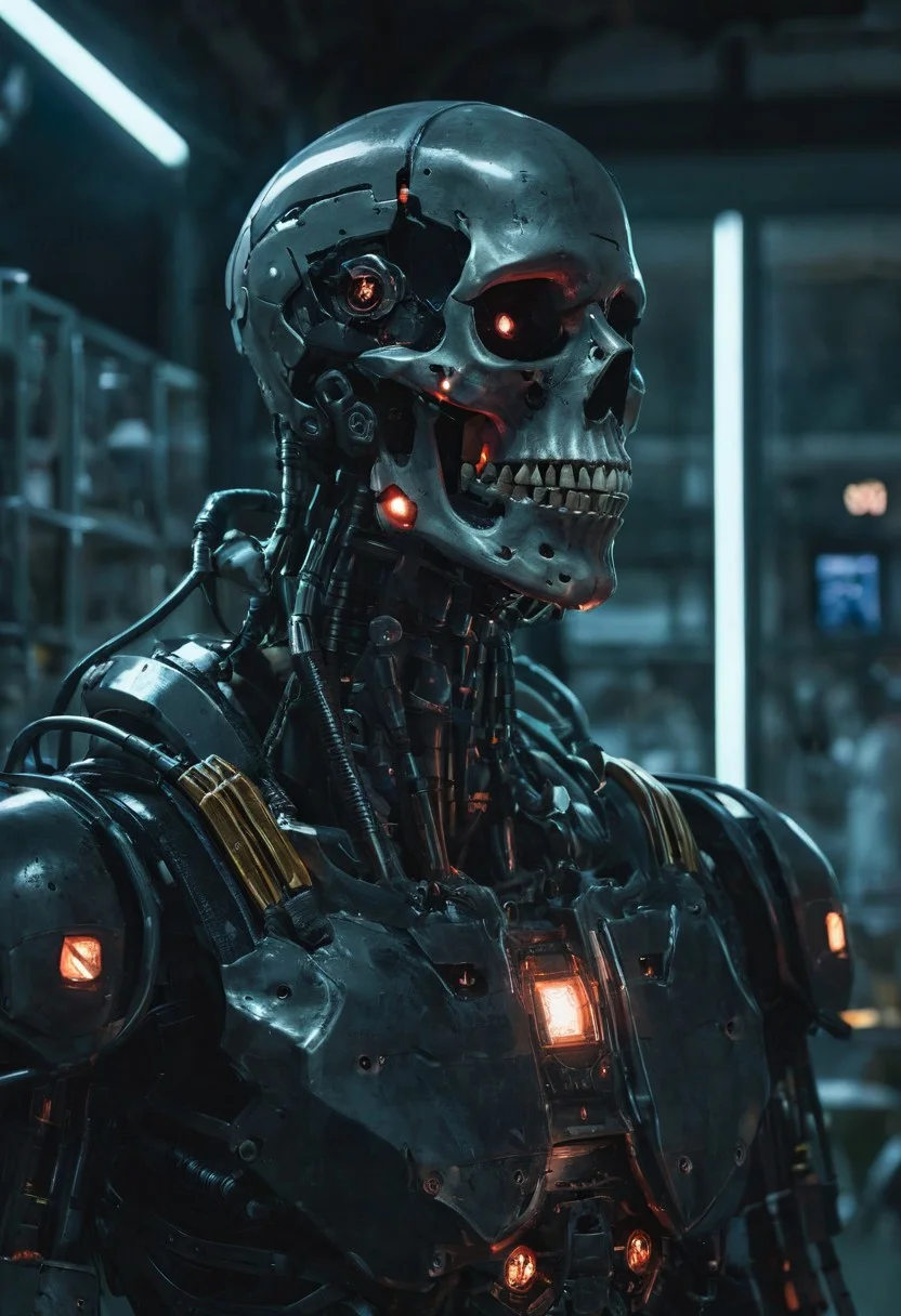 Cyberpunk, sci-fi, dark-fantasy, kodak portrait 400, 8k, soft light, volumetric lighting, highly detailed, britt marling style 3/4, portrait photo of a war man cyborg robot in a chemical laboratory + face, face is skullbone with scares, intricate, elegant, highly detailed, devil-armor, 2D motifs detailed dark fantasy digital painting, artstation, concept art, smooth, sharp focus, illustration, art by Otomo Katsuhiro and ShirA Masamune and Oshii Mamoru. Cosmic light in backfront