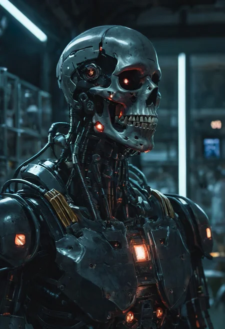 Cyberpunk, sci-fi, dark-fantasy, kodak portrait 400, 8k, soft light, volumetric lighting, highly detailed, britt marling style 3/4, portrait photo of a war man cyborg robot in a chemical laboratory + face, face is skullbone with scares, intricate, elegant, highly detailed, devil-armor, 2D motifs detailed dark fantasy digital painting, artstation, concept art, smooth, sharp focus, illustration, art by Otomo Katsuhiro and ShirA Masamune and Oshii Mamoru. Cosmic light in backfront