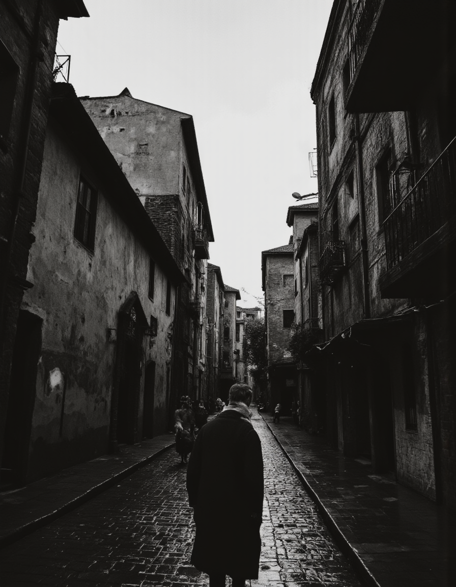 <lora:BWMonochrome:0.85> mono, An 8k, monochrome, highly detailed photograph of a desolate street scene. Dilapidated buildings with cracked windows line both sides, their textures realistically rendered in shades of gray. A lone figure in a tattered, dark overcoat walks away into the distance. Rain slickens the cobblestone street, reflecting the somber sky above. The overall mood is eerie and melancholic. . 35mm photograph, film, bokeh, professional, 4k, highly detailed