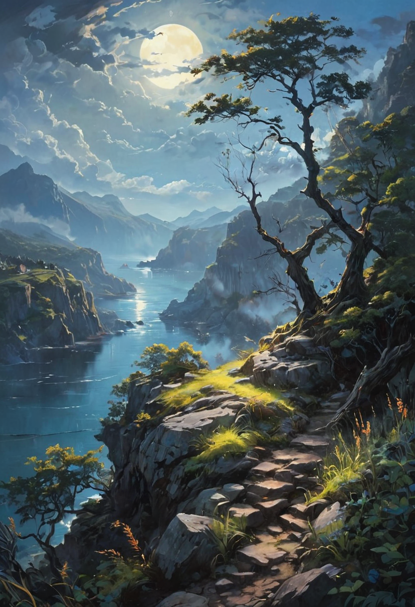 View from a rocky ledge on gorgeous port city, one large deciduous tree, night time, full moon, galleons in the sea, slight fog, sky is deep blue and black, ( tall grass), (strong wind), (mountaintops), (clouds), atmospheric, (re glow), [romantic impressionism, dream scenery art, beautiful oil matte painting, romantic, beautiful digital painting, anime landscape, romantic painting, dreamlike digital painting, colorful painting, beautiful gorgeous digital art, style of greg rutkowski, janek sedlar,jenny saville:1,2] <lora:vivid_everclear:0.6>  <lora:Sinozick:0.65>