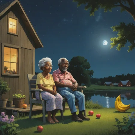 Art photo of a dark skin Grandma and grandpa on the porch at home at night the moon is in the sky and there are a lots of stars in the sky, trees, lake, barn, lots of animals out at night and in the yard there are lots of fruit trees , shooting star  across the sky ((full body shots))