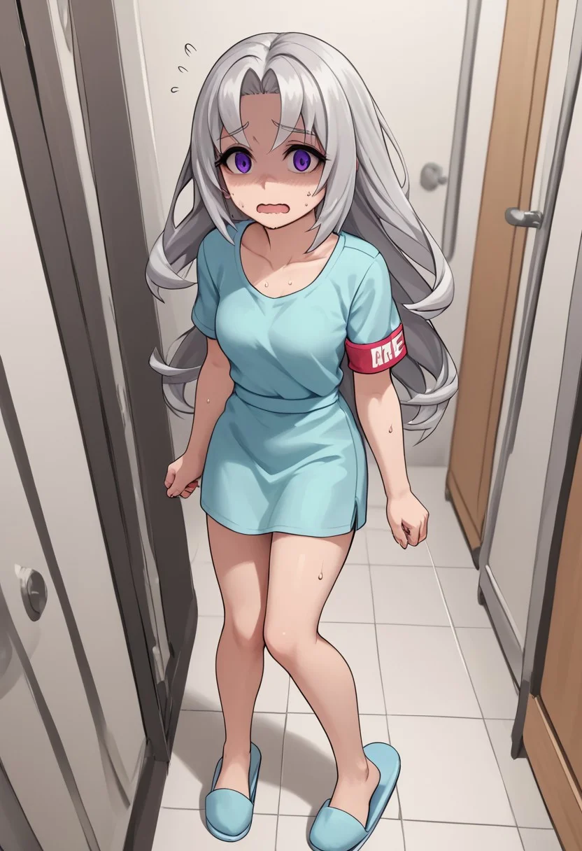 score_4,score_5,score_6,score_7_up,score_8_up,score_9
((masterpiece,best quality,ultra detailed,highres,HD,4k:1.2)),
1girl,solo,grey hair,long hair,Forehead,parted bangs,purple eyes,Droopy eyes,shaded face, armband,Hospital gown,Bare legs,short sleeves,slippers, 
fidgety, timid, open mouth, wavy mouth,sweat,