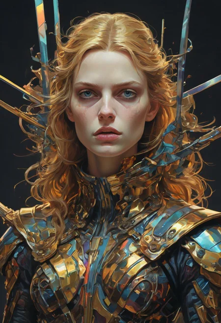 glitchy distortion and psychedelic color palette.  image of a woman in a dark  duplicate swords, multiple swords, Illustration by moebius, Heather Theurer, artstation,deviantart,FAN ART,Unreal Engine,face enhance,8K,golden ratio,cinematic lighting <lora:add-detail-xl:0.7>, <lora:xl_more_art-full_v1:0.7>