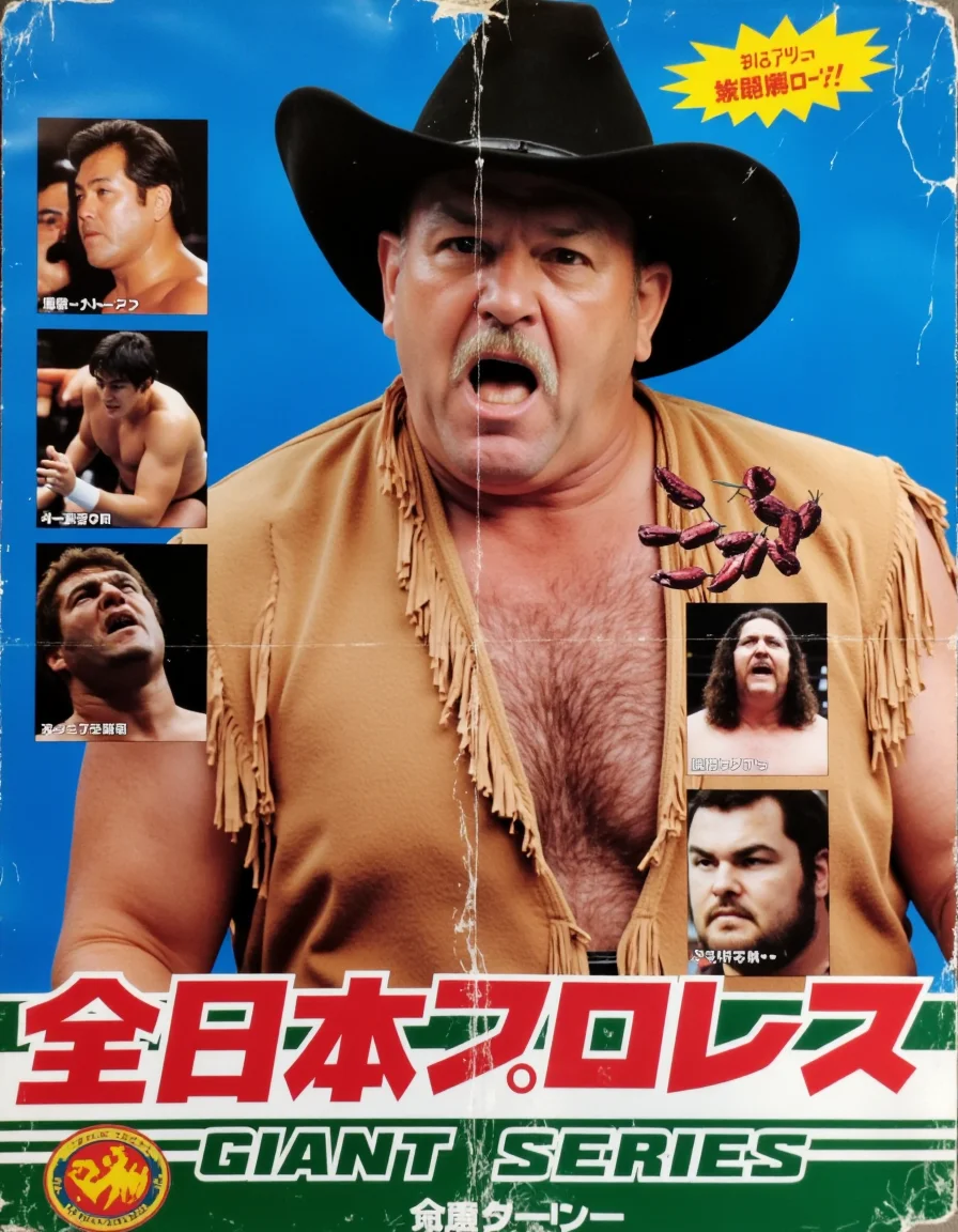 An old, beat-up, torn, and ripped Japanese wrestling poster from the 1990s with big red Japanese characters along the bottom representing "ZEN NIHON PURORESU". The event is titled "Giant Series" and it features age 55 burly mustached cowboy Stan Hansen in a cowboy hat and a suede fringed vest spitting tiny juicy dark brown strands of chewing tobacco from his yelling mouth. Six other wrestlers are presented in a grid around him. The background is blue with a green stripe.