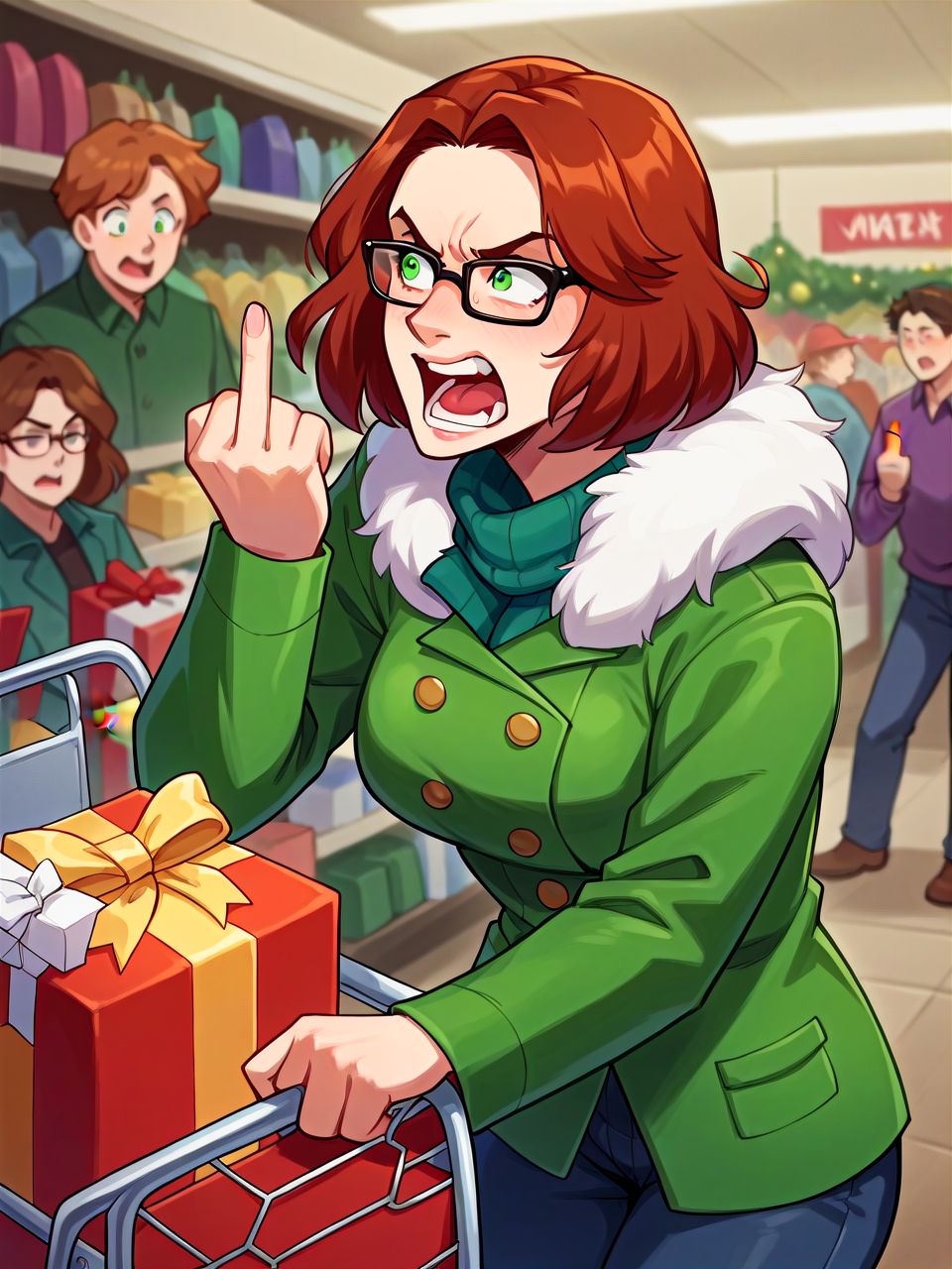 score_9, score_8_up, score_7_up, score_6_up, score_5_up, score_4_up, BREAK <lora:elizaTS4_PDXL:1.0> elizats4, auburn hair, short hair, green eyes, rectangular eyewear, winter coat, (pushing shopping cart1.2), cart full of christmas gifts, indoors, crowded, wal-mart, christmas, angry, shouting, middle finger